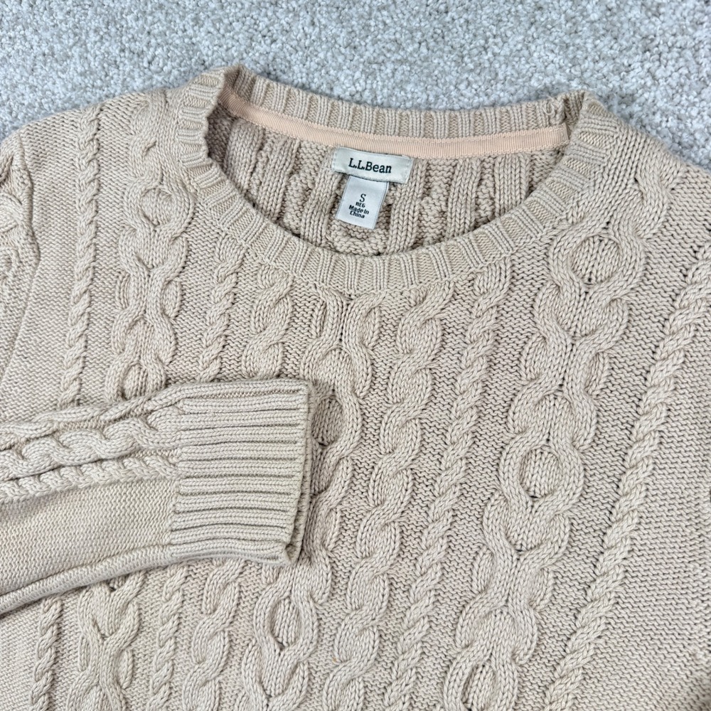L.L. Bean Sweater Womens S Tan Beige Cable Knit Cotton Crew Neck 298839